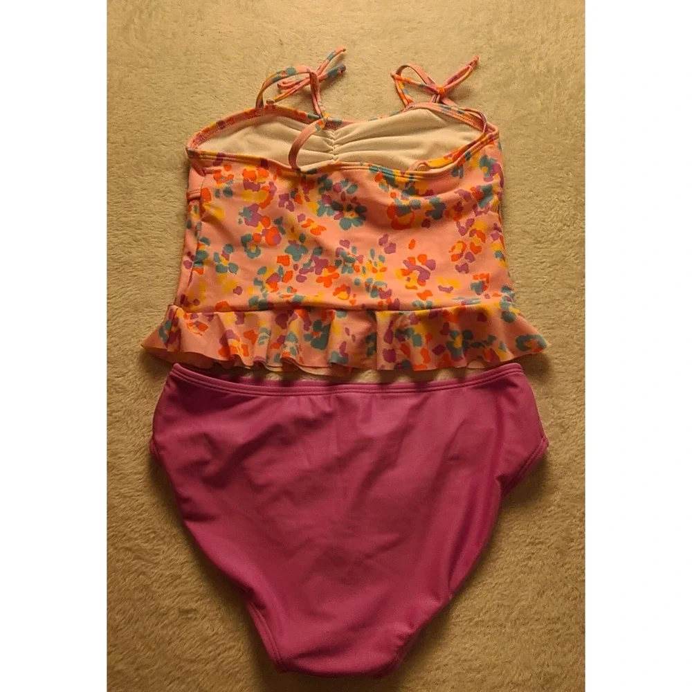 Cat & Jack Girls XL 14 Tankini Swimsuit Pink Abstract Floral Ruffle 2 Piece Set